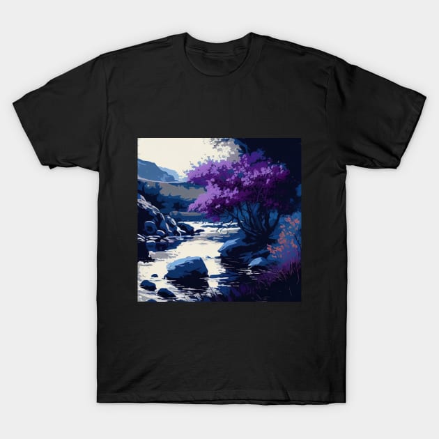 Duotone Purple and Blue River Scenery T-Shirt by The Art Mage